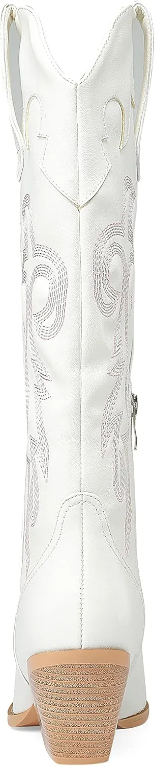 Oh Mispares Women's Western Style Knee High Cowgirl Boots Embroidered Wide Calf Pointed Toe Chunky Block Heel Cowboy Boots