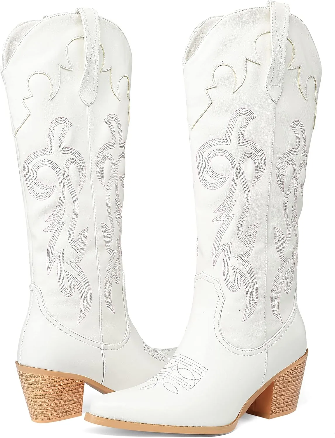 Oh Mispares Women's Western Style Knee High Cowgirl Boots Embroidered Wide Calf Pointed Toe Chunky Block Heel Cowboy Boots