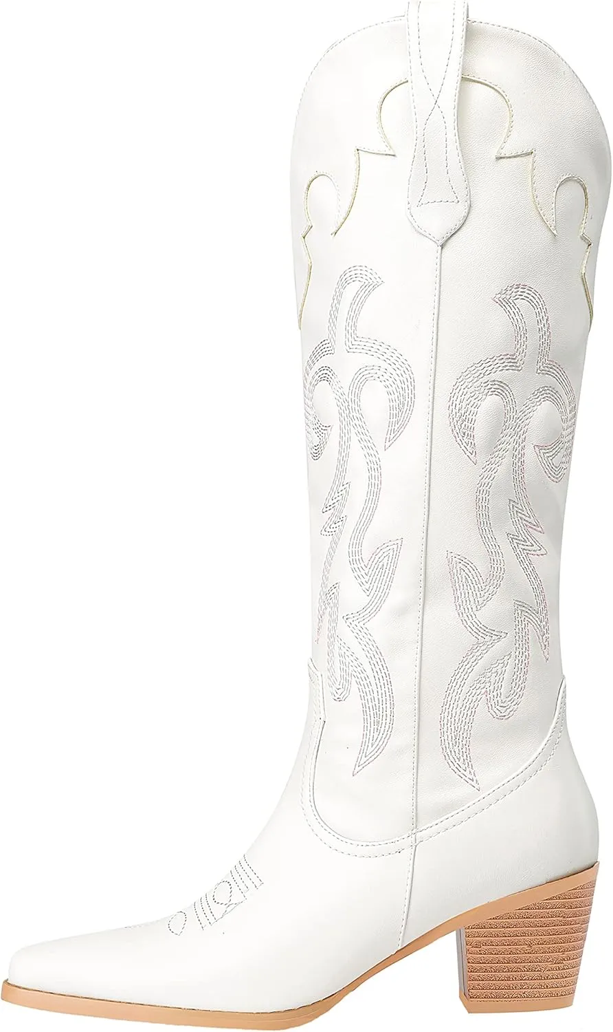 Oh Mispares Women's Western Style Knee High Cowgirl Boots Embroidered Wide Calf Pointed Toe Chunky Block Heel Cowboy Boots