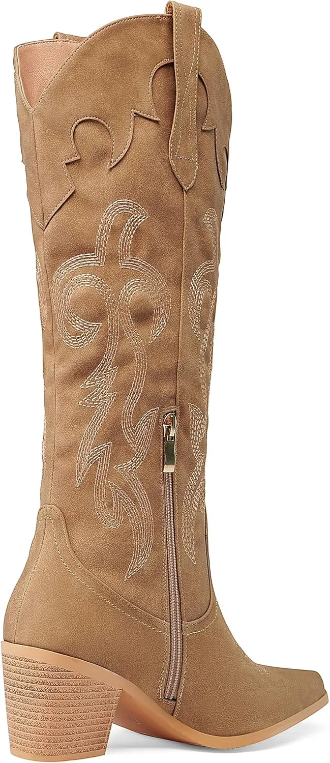 Oh Mispares Women's Western Style Knee High Cowgirl Boots Embroidered Wide Calf Pointed Toe Chunky Block Heel Cowboy Boots