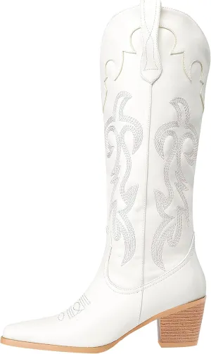 Oh Mispares Women's Western Style Knee High Cowgirl Boots Embroidered Wide Calf Pointed Toe Chunky Block Heel Cowboy Boots