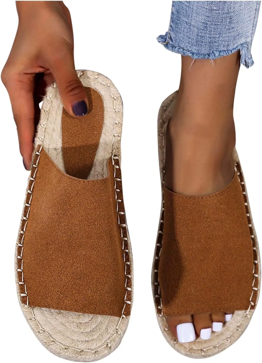 oiangi Espadrille Sandals for Women Flats Summer Casual Open Toe Slip On Slipper Lightweight Comfortable Handmade Sandals Outdoor Non-Slip Ladies Shoes