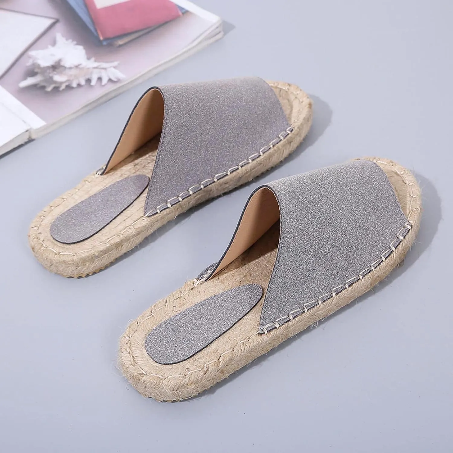 oiangi Espadrille Sandals for Women Flats Summer Casual Open Toe Slip On Slipper Lightweight Comfortable Handmade Sandals Outdoor Non-Slip Ladies Shoes