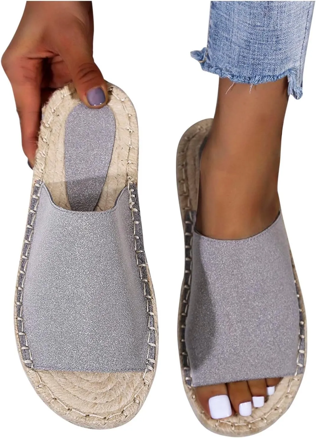 oiangi Espadrille Sandals for Women Flats Summer Casual Open Toe Slip On Slipper Lightweight Comfortable Handmade Sandals Outdoor Non-Slip Ladies Shoes