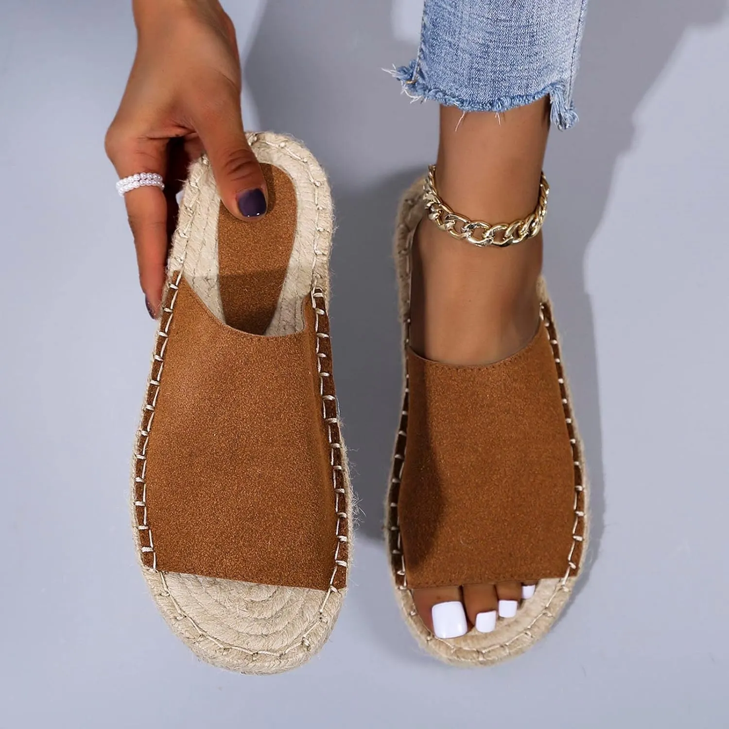 oiangi Espadrille Sandals for Women Flats Summer Casual Open Toe Slip On Slipper Lightweight Comfortable Handmade Sandals Outdoor Non-Slip Ladies Shoes