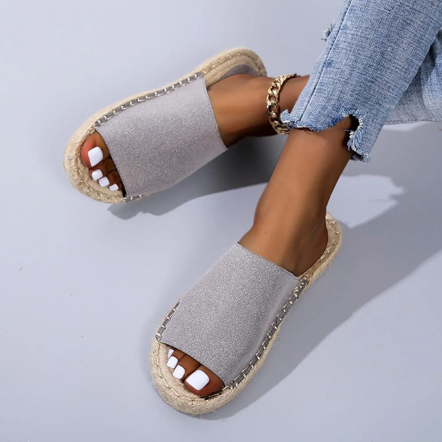 oiangi Espadrille Sandals for Women Flats Summer Casual Open Toe Slip On Slipper Lightweight Comfortable Handmade Sandals Outdoor Non-Slip Ladies Shoes