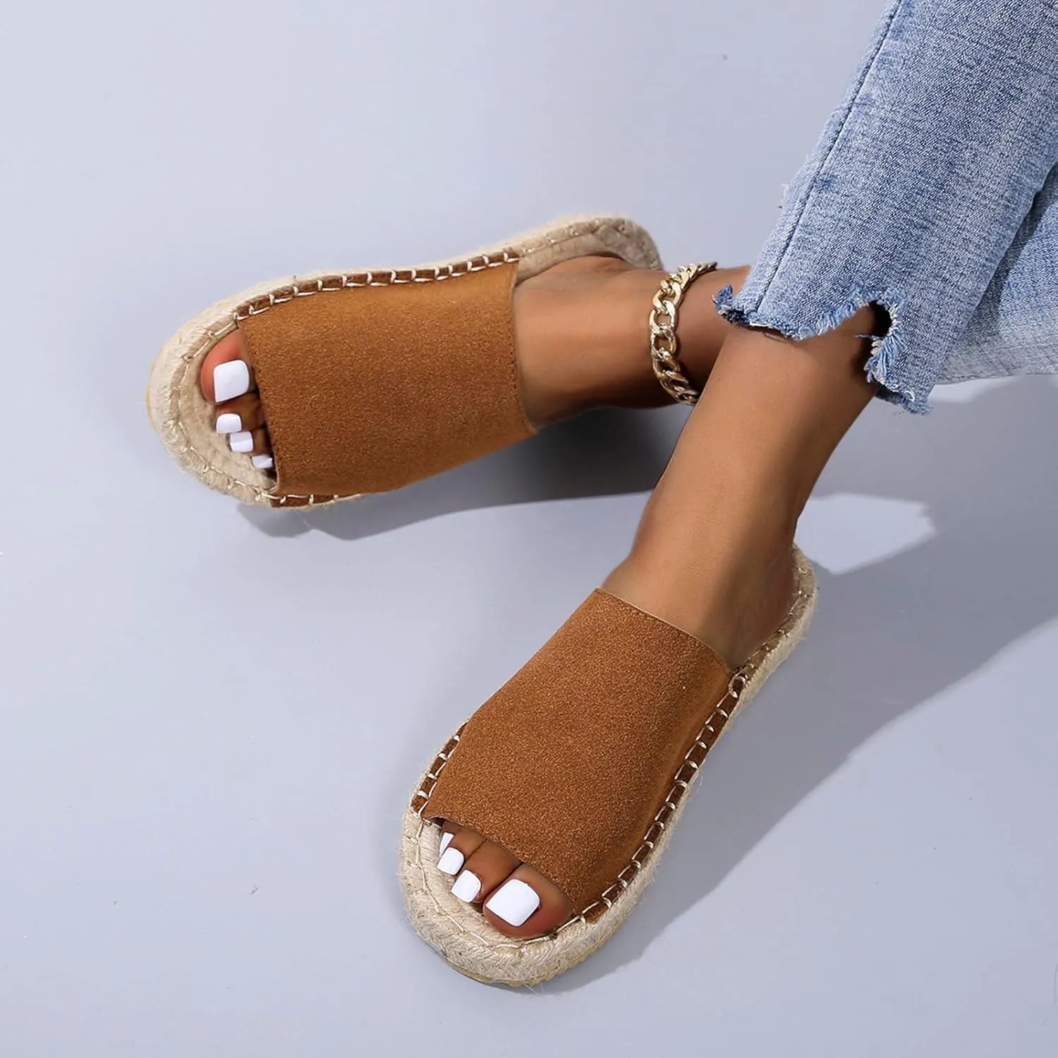 oiangi Espadrille Sandals for Women Flats Summer Casual Open Toe Slip On Slipper Lightweight Comfortable Handmade Sandals Outdoor Non-Slip Ladies Shoes