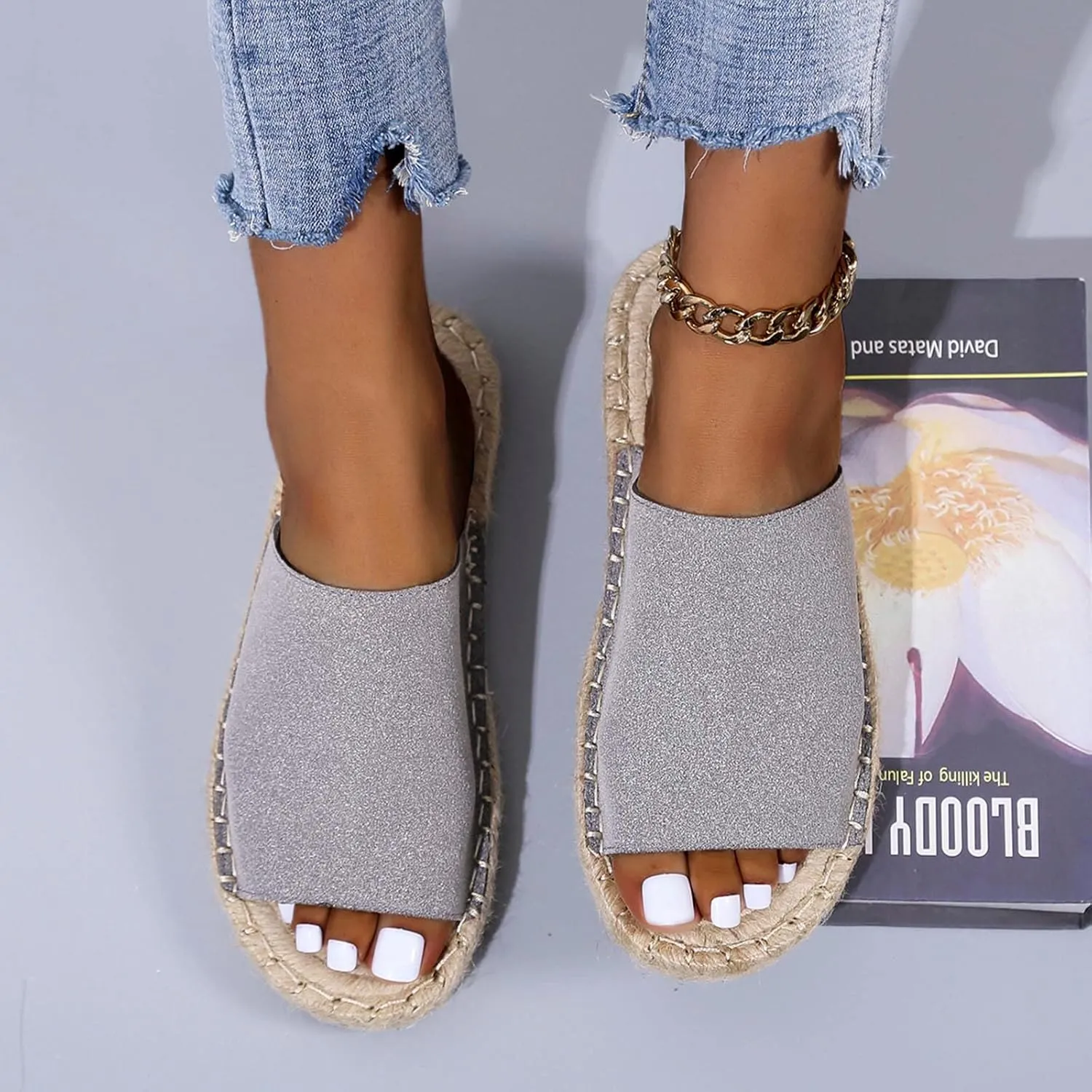 oiangi Espadrille Sandals for Women Flats Summer Casual Open Toe Slip On Slipper Lightweight Comfortable Handmade Sandals Outdoor Non-Slip Ladies Shoes