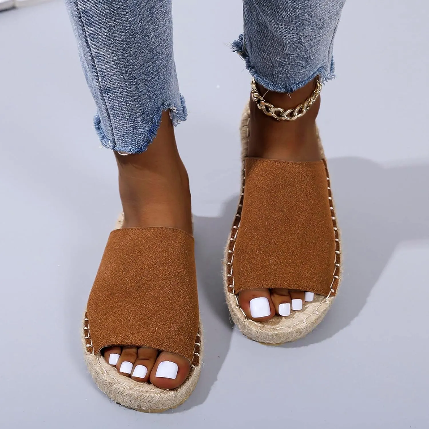 oiangi Espadrille Sandals for Women Flats Summer Casual Open Toe Slip On Slipper Lightweight Comfortable Handmade Sandals Outdoor Non-Slip Ladies Shoes