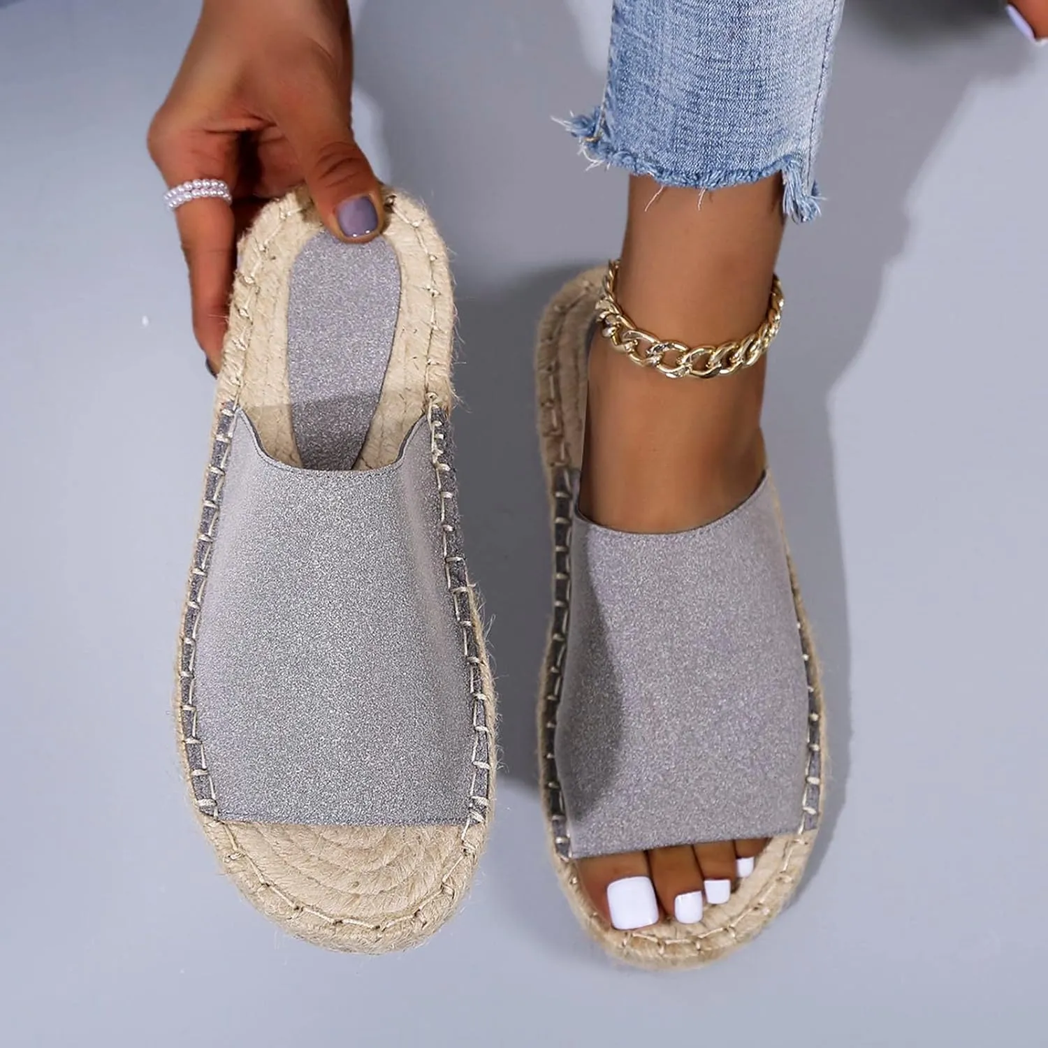 oiangi Espadrille Sandals for Women Flats Summer Casual Open Toe Slip On Slipper Lightweight Comfortable Handmade Sandals Outdoor Non-Slip Ladies Shoes