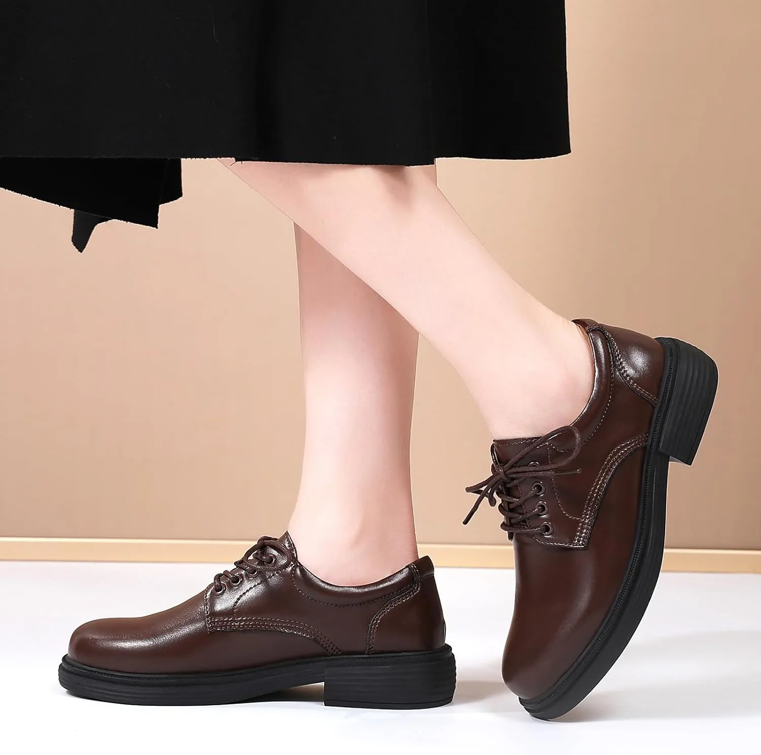 OKJ Oxford Shoes for Women, Black Womens Oxford Shoes Leather Platform Women's Oxfords Comfortable Dressy Slip On, Lace Up Loafers Casual Work Business Dress Office Oxfords Shoes