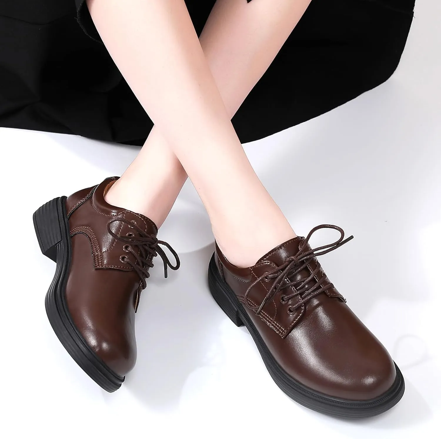 OKJ Oxford Shoes for Women, Black Womens Oxford Shoes Leather Platform Women's Oxfords Comfortable Dressy Slip On, Lace Up Loafers Casual Work Business Dress Office Oxfords Shoes