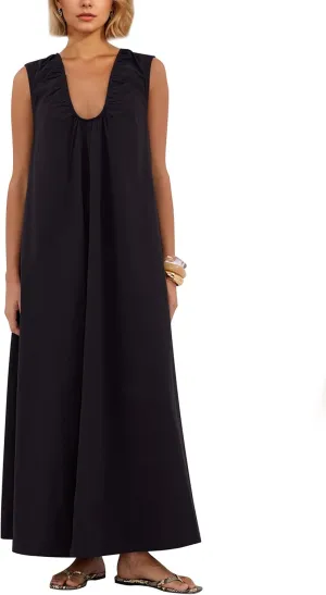 OLAPTA Women Summer Sleeveless Maxi Dress Scoop Neck Ruched Loose Fit Casual Elegant Solid Vacation Long Dress with Pockets