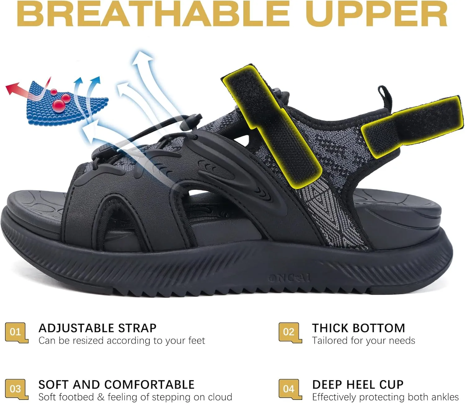ONCAI Walking Sandals for Women,Sport Athletic Hiking Sandals With Arch Support Orthotic Outdoor Footbed for Plantar Fasciitis, Sandalias Mujer with Adjustable Straps (US Size 6-12)