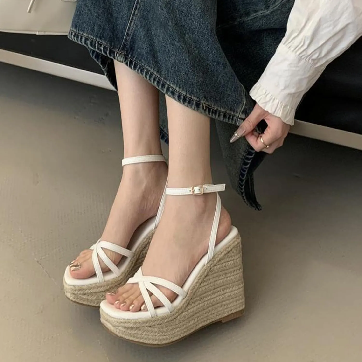 Open Toe Platform Pumps for Women, Wedge Leather Straw Ankle Strap Heels Sandals Peep Toe Adjustable Crochet Dress Shoes 13 CM
