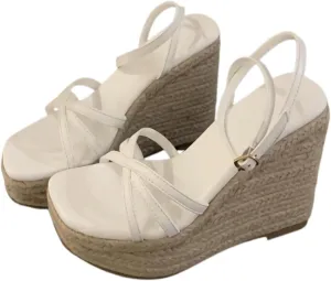 Open Toe Platform Pumps for Women, Wedge Leather Straw Ankle Strap Heels Sandals Peep Toe Adjustable Crochet Dress Shoes 13 CM