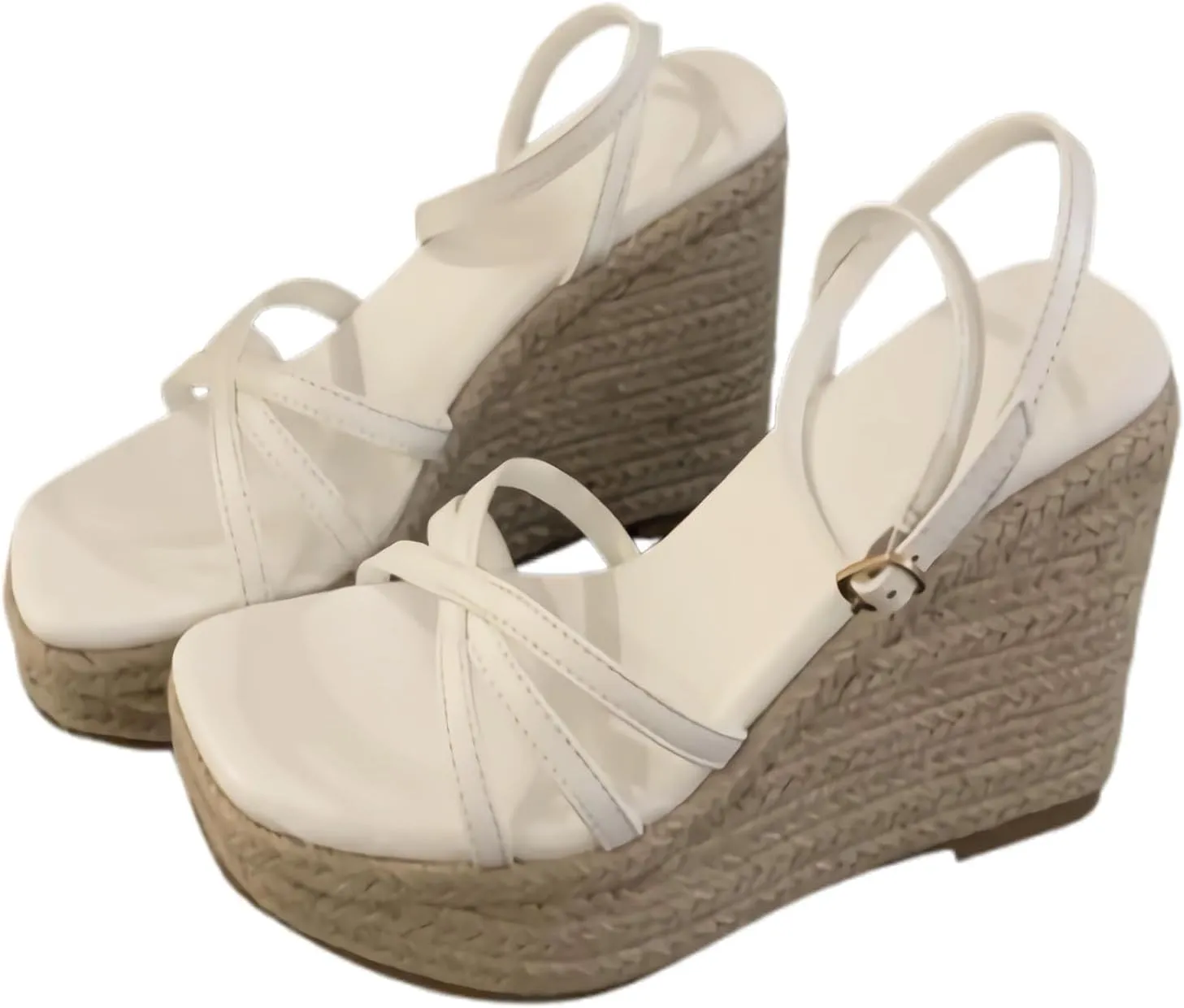 Open Toe Platform Pumps for Women, Wedge Leather Straw Ankle Strap Heels Sandals Peep Toe Adjustable Crochet Dress Shoes 13 CM