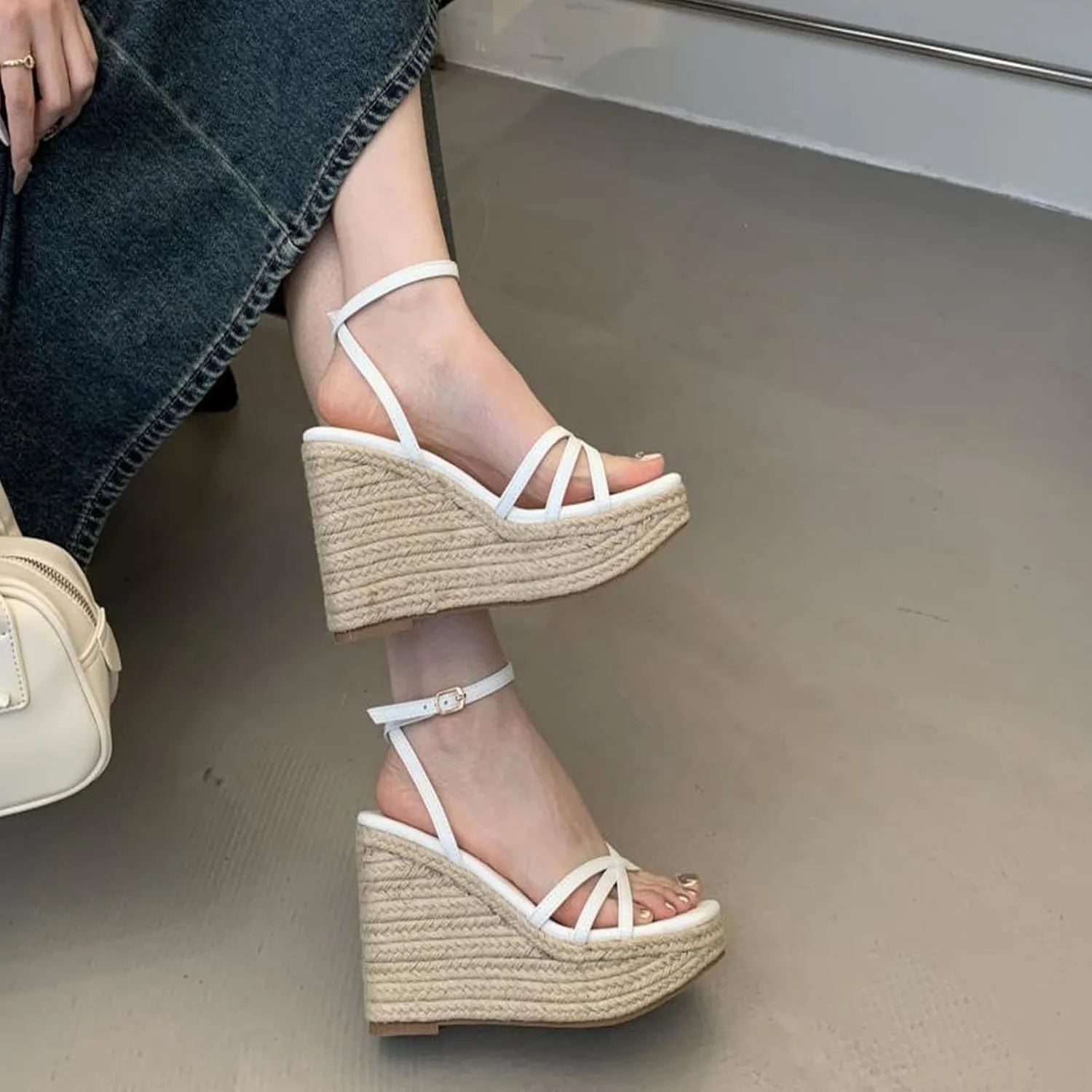 Open Toe Platform Pumps for Women, Wedge Leather Straw Ankle Strap Heels Sandals Peep Toe Adjustable Crochet Dress Shoes 13 CM