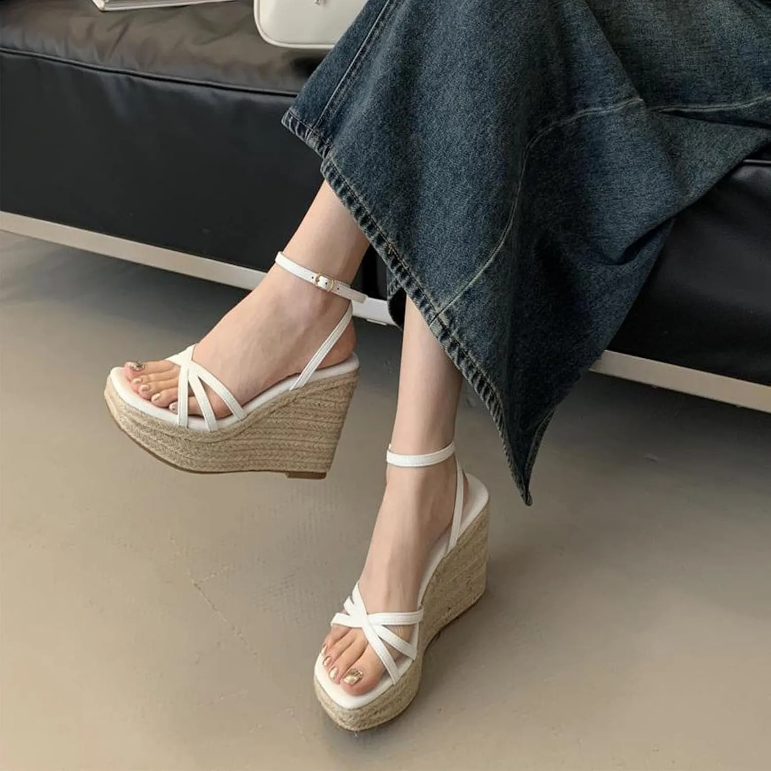 Open Toe Platform Pumps for Women, Wedge Leather Straw Ankle Strap Heels Sandals Peep Toe Adjustable Crochet Dress Shoes 13 CM