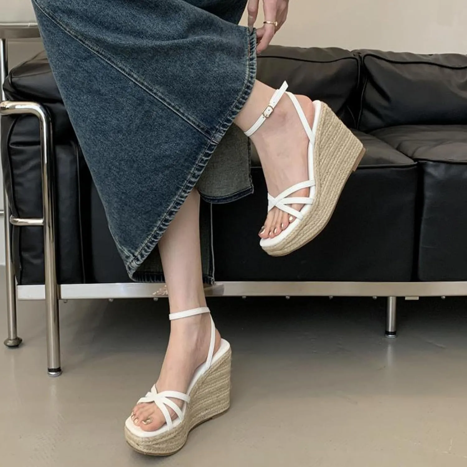 Open Toe Platform Pumps for Women, Wedge Leather Straw Ankle Strap Heels Sandals Peep Toe Adjustable Crochet Dress Shoes 13 CM