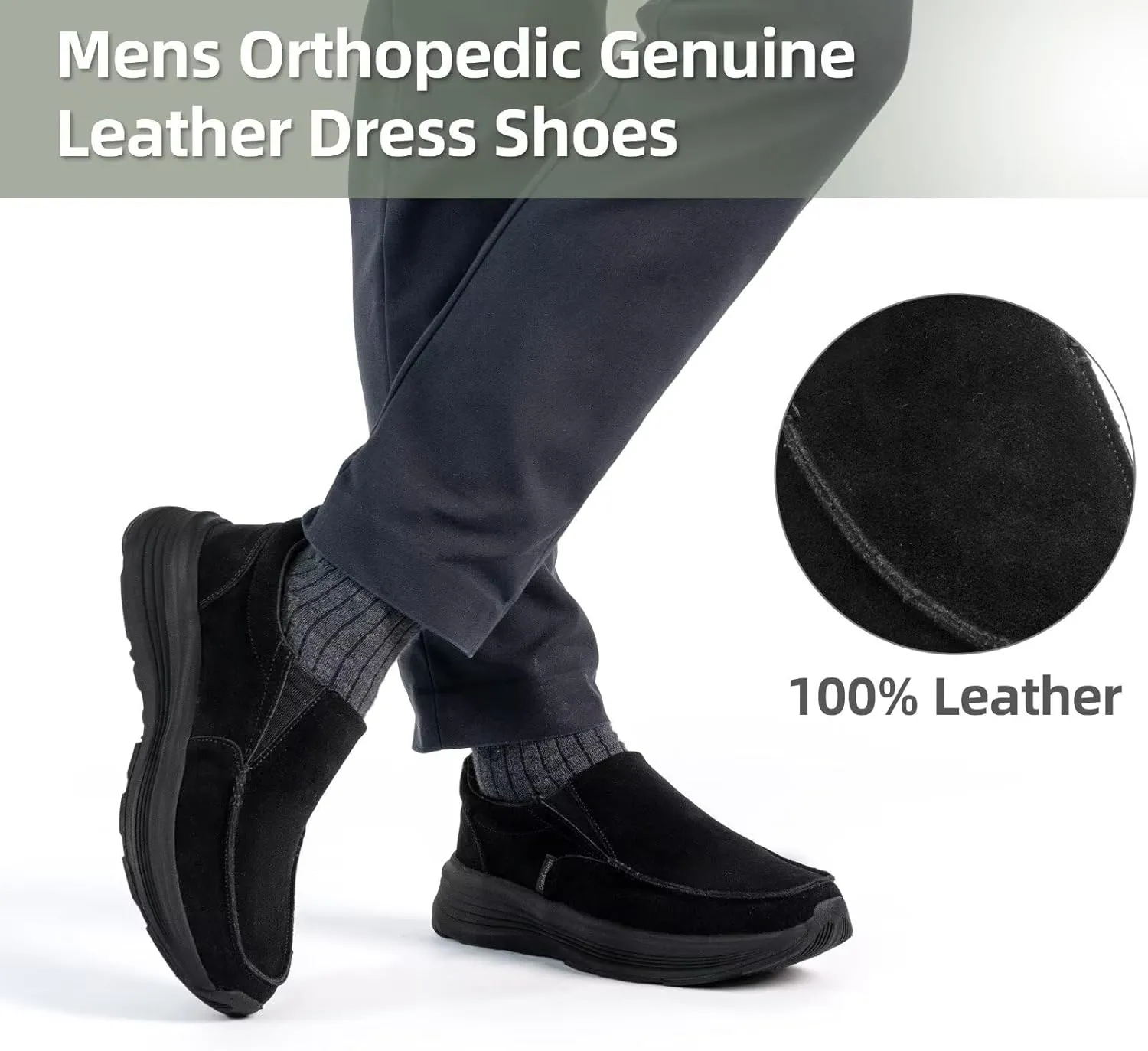 OrthoComfoot Men's Orthopedic Leather Dress Walking Shoes: Casual Arch Support Slip-On Loafers for Plantar Fasciitis, Comfortable Orthotic Shoes for Foot and Heel Pain Relief