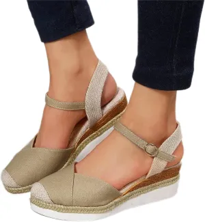 Orthopedic Platform Wedge Sandals for Women Summer Dressy 2023 Flat Open Toe Ankle Strap Espadrilles Sandals Casual Strappy Slip on Sandals Beach Boho Sandals Comfortable Outdoor Shoes (1-Khaki, 8)
