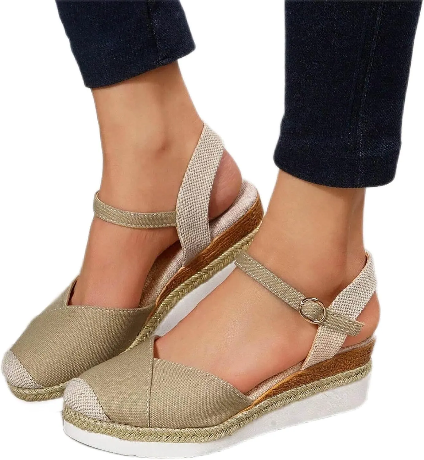 Orthopedic Platform Wedge Sandals for Women Summer Dressy 2023 Flat Open Toe Ankle Strap Espadrilles Sandals Casual Strappy Slip on Sandals Beach Boho Sandals Comfortable Outdoor Shoes (1-Khaki, 8)