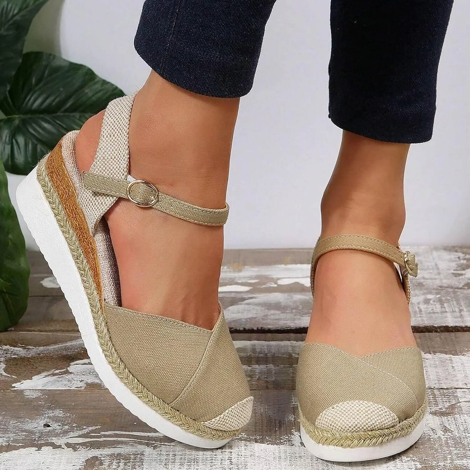 Orthopedic Platform Wedge Sandals for Women Summer Dressy 2023 Flat Open Toe Ankle Strap Espadrilles Sandals Casual Strappy Slip on Sandals Beach Boho Sandals Comfortable Outdoor Shoes (1-Khaki, 8)