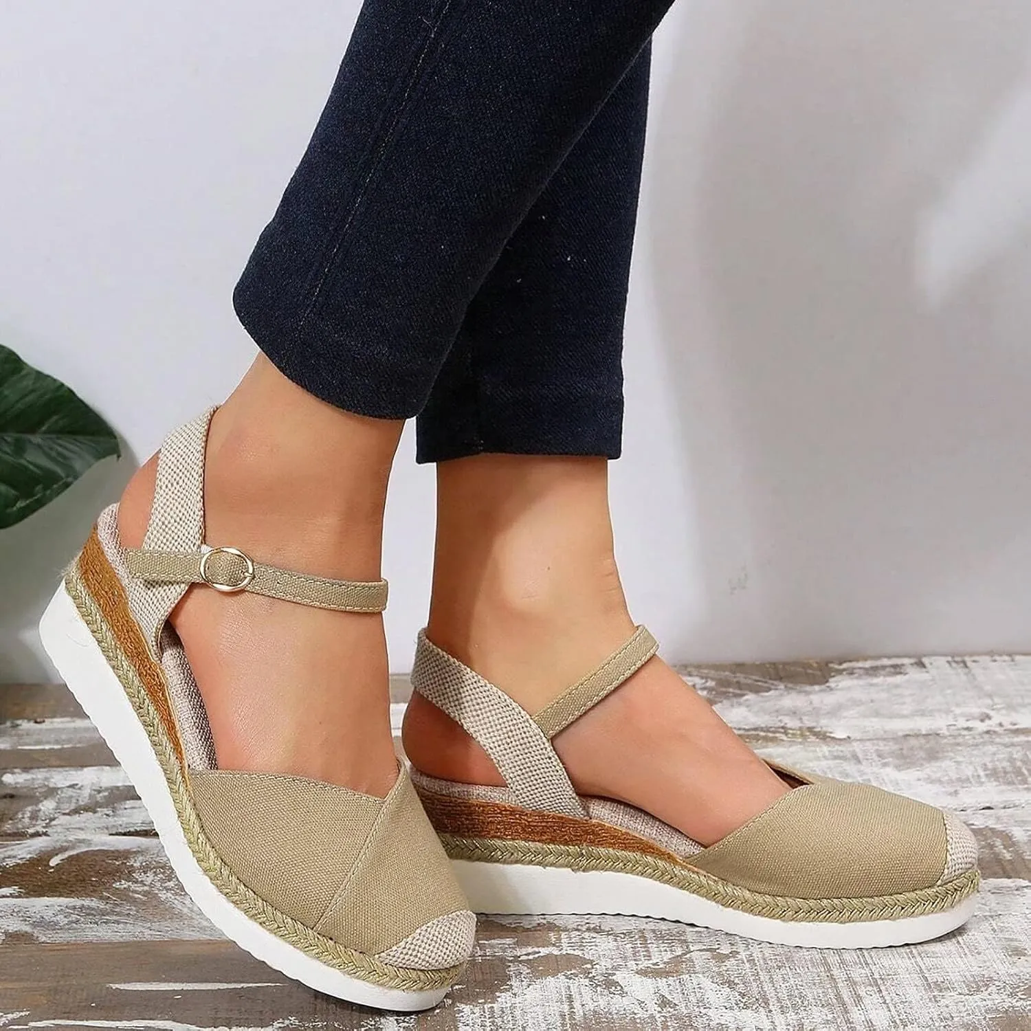 Orthopedic Platform Wedge Sandals for Women Summer Dressy 2023 Flat Open Toe Ankle Strap Espadrilles Sandals Casual Strappy Slip on Sandals Beach Boho Sandals Comfortable Outdoor Shoes (1-Khaki, 8)