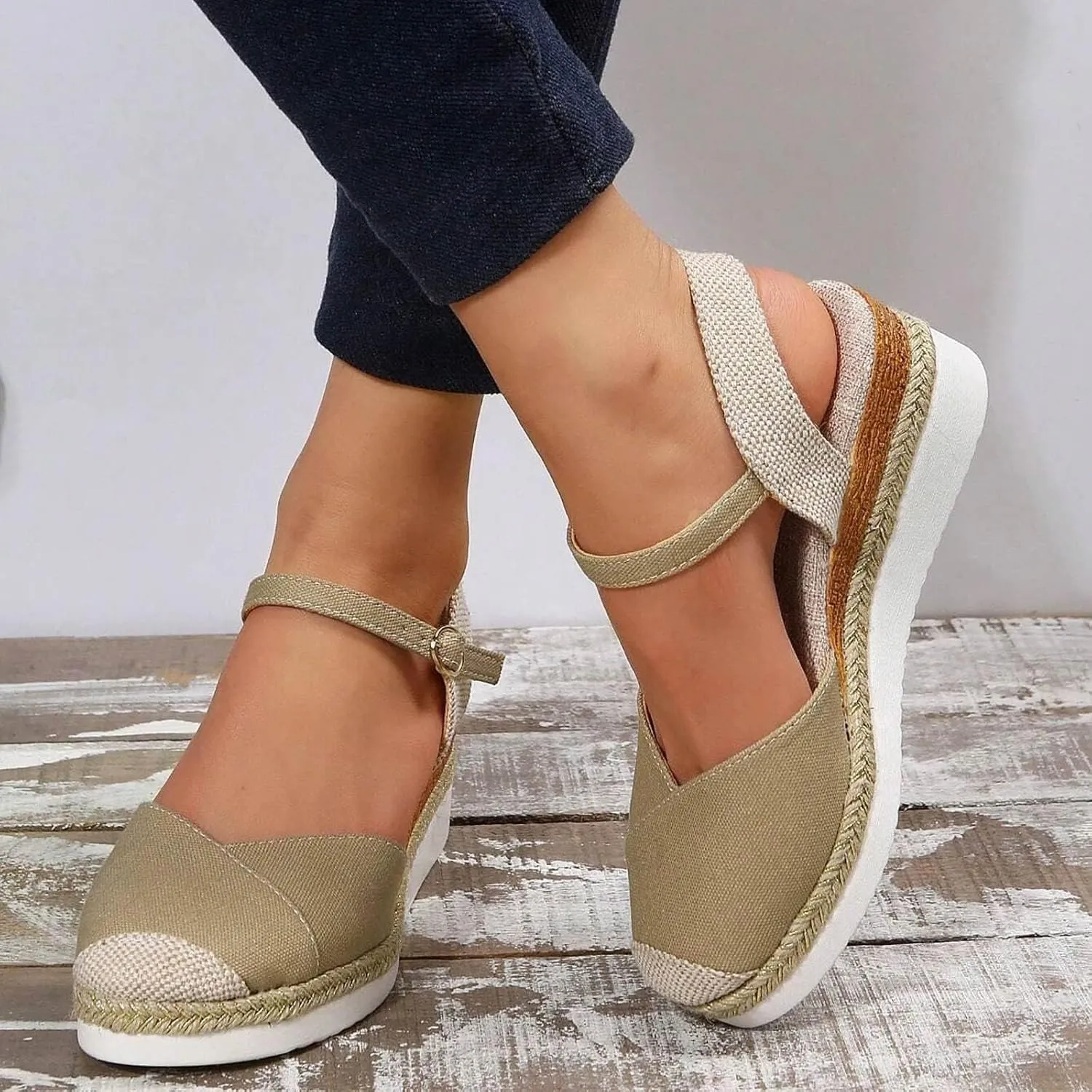 Orthopedic Platform Wedge Sandals for Women Summer Dressy 2023 Flat Open Toe Ankle Strap Espadrilles Sandals Casual Strappy Slip on Sandals Beach Boho Sandals Comfortable Outdoor Shoes (1-Khaki, 8)