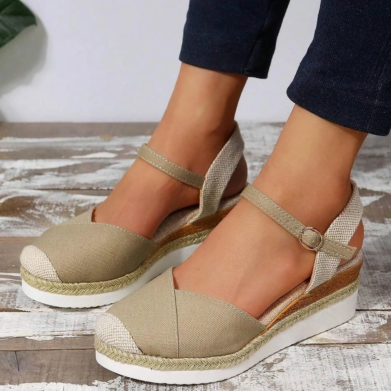 Orthopedic Platform Wedge Sandals for Women Summer Dressy 2023 Flat Open Toe Ankle Strap Espadrilles Sandals Casual Strappy Slip on Sandals Beach Boho Sandals Comfortable Outdoor Shoes (1-Khaki, 8)