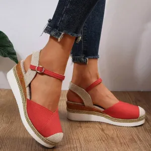 Orthopedic Platform Wedge Sandals for Women Summer Dressy 2023 Flat Open Toe Ankle Strap Espadrilles Sandals Casual Strappy Slip on Sandals Beach Boho Sandals Comfortable Outdoor Shoes (1-Red, 9)