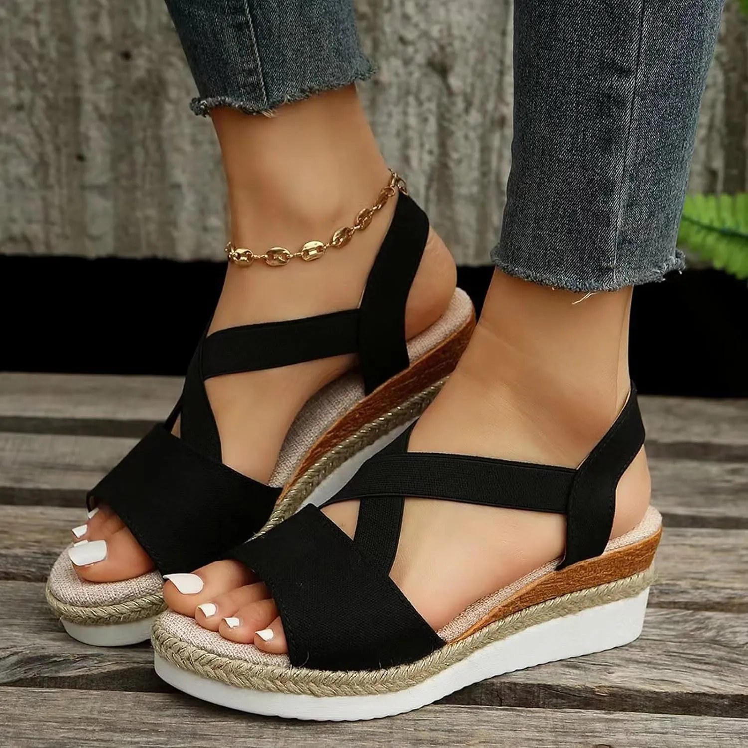 Orthopedic Platform Wedge Sandals for Women Summer Dressy 2023 Flat Open Toe Ankle Strap Espadrilles Sandals Casual Strappy Slip on Sandals Beach Boho Sandals Comfortable Outdoor Shoes (2-Bronze, 9)