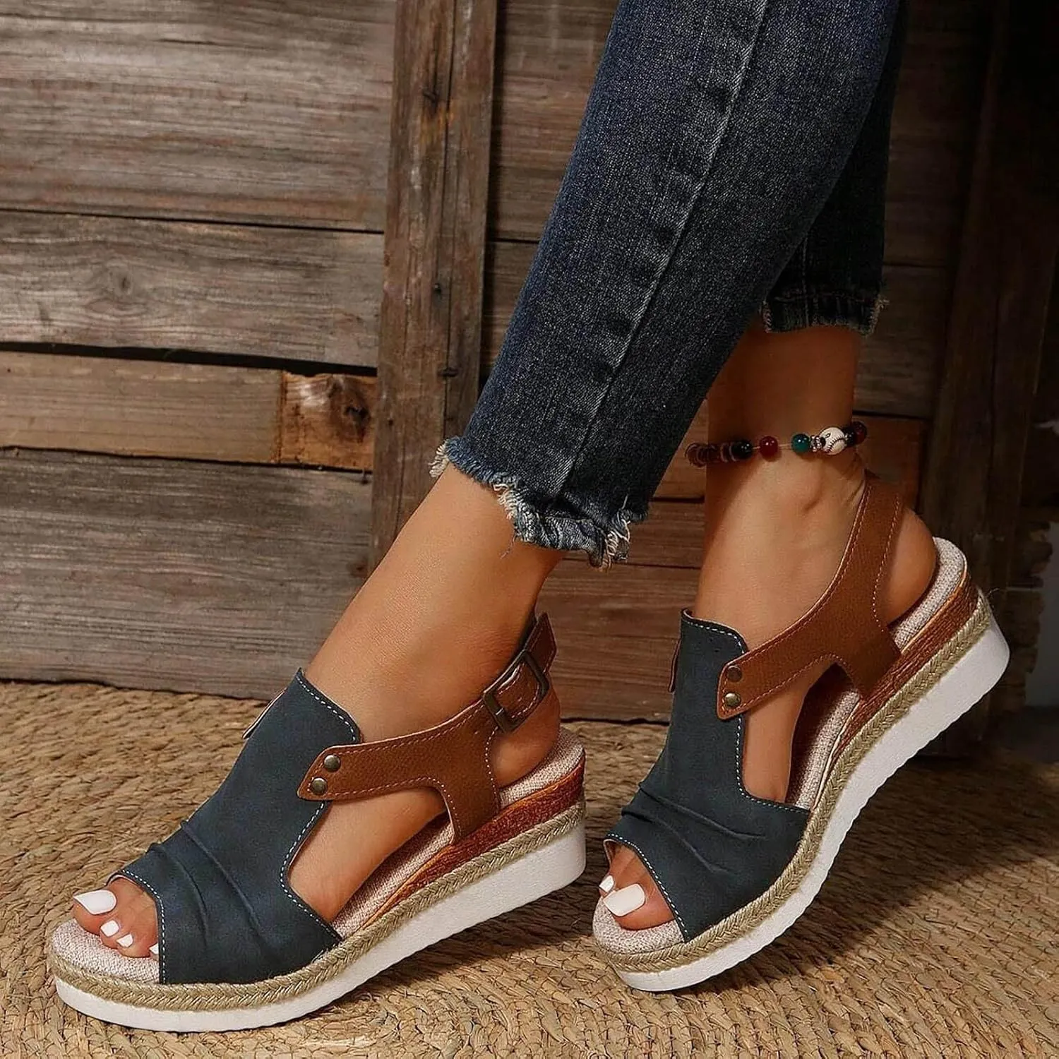 Orthopedic Platform Wedge Sandals for Women Summer Dressy 2023 Flat Open Toe Ankle Strap Espadrilles Sandals Casual Strappy Slip on Sandals Beach Boho Sandals Comfortable Outdoor Shoes (3-Navy, 7)