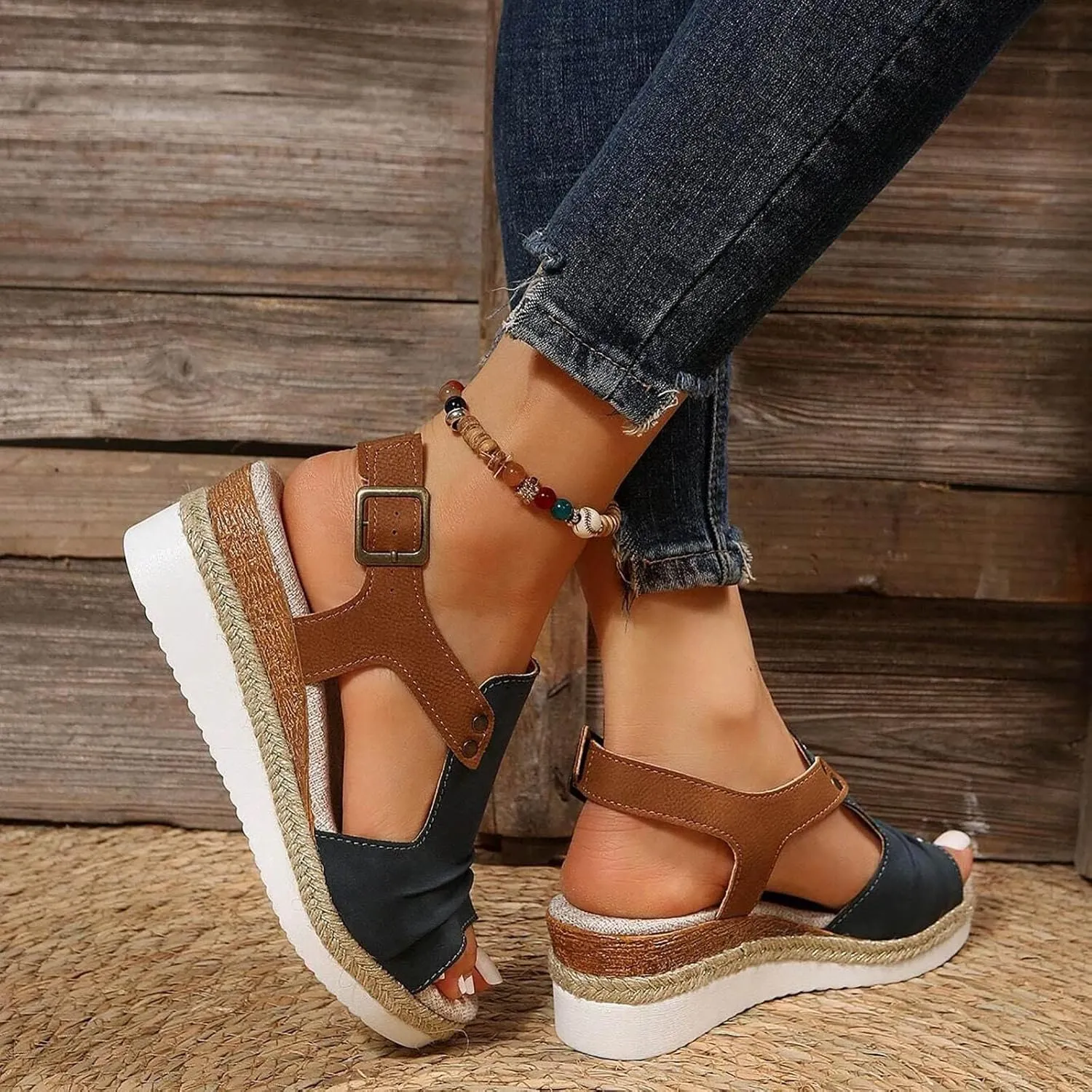 Orthopedic Platform Wedge Sandals for Women Summer Dressy 2023 Flat Open Toe Ankle Strap Espadrilles Sandals Casual Strappy Slip on Sandals Beach Boho Sandals Comfortable Outdoor Shoes (3-Navy, 7)