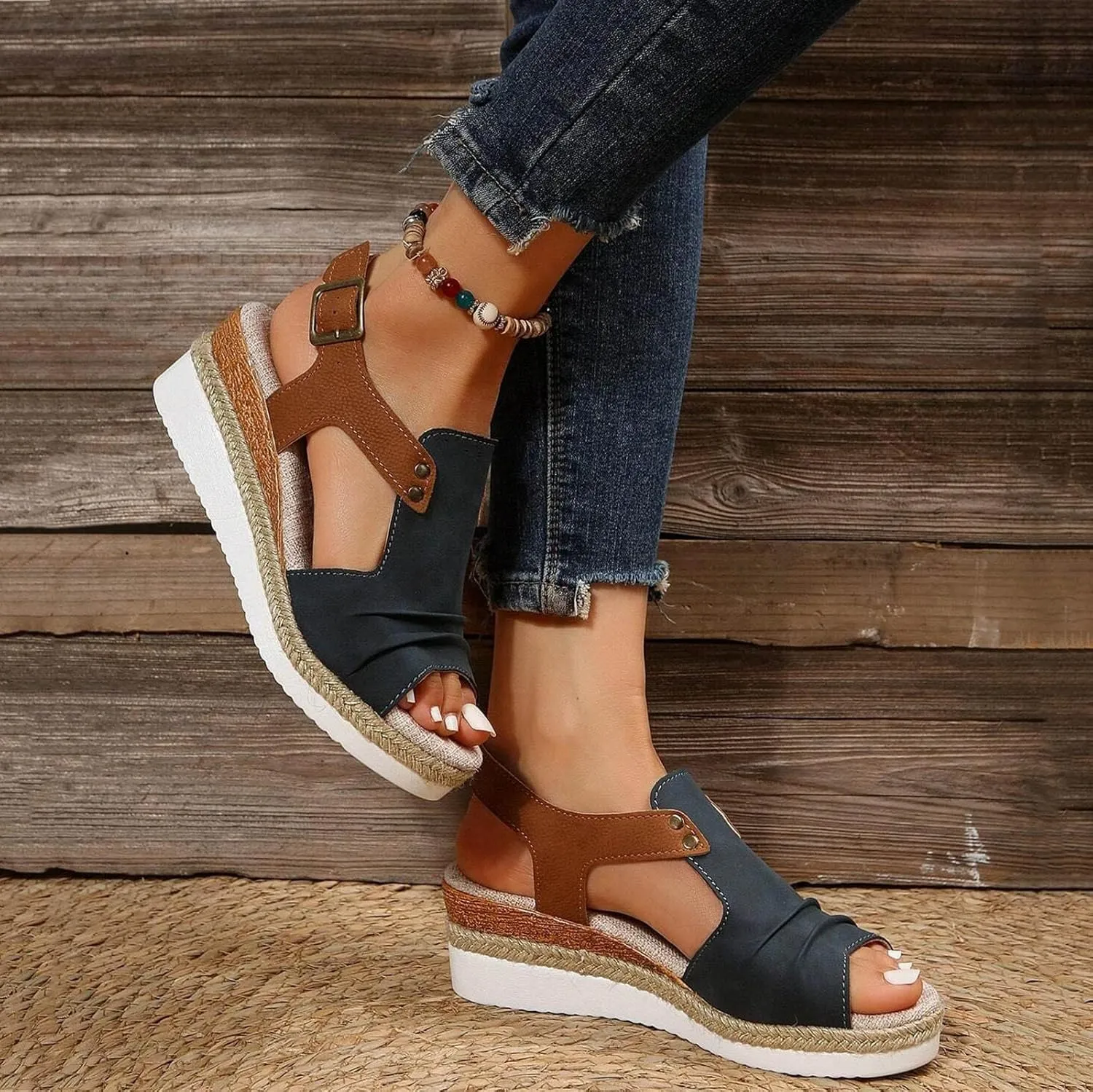 Orthopedic Platform Wedge Sandals for Women Summer Dressy 2023 Flat Open Toe Ankle Strap Espadrilles Sandals Casual Strappy Slip on Sandals Beach Boho Sandals Comfortable Outdoor Shoes (3-Navy, 7)