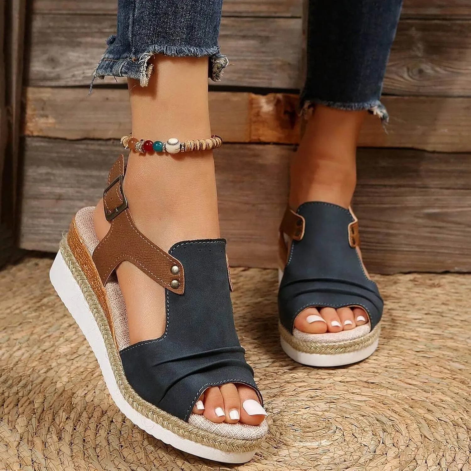 Orthopedic Platform Wedge Sandals for Women Summer Dressy 2023 Flat Open Toe Ankle Strap Espadrilles Sandals Casual Strappy Slip on Sandals Beach Boho Sandals Comfortable Outdoor Shoes (3-Navy, 7)
