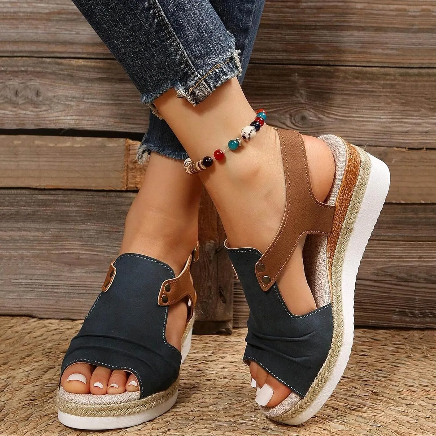 Orthopedic Platform Wedge Sandals for Women Summer Dressy 2023 Flat Open Toe Ankle Strap Espadrilles Sandals Casual Strappy Slip on Sandals Beach Boho Sandals Comfortable Outdoor Shoes (3-Navy, 7)
