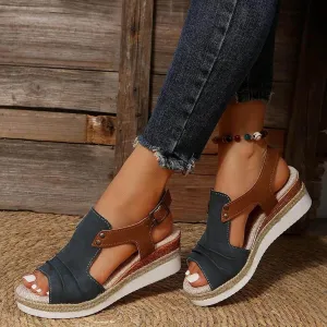 Orthopedic Platform Wedge Sandals for Women Summer Dressy 2023 Flat Open Toe Ankle Strap Espadrilles Sandals Casual Strappy Slip on Sandals Beach Boho Sandals Comfortable Outdoor Shoes (3-Navy, 7)