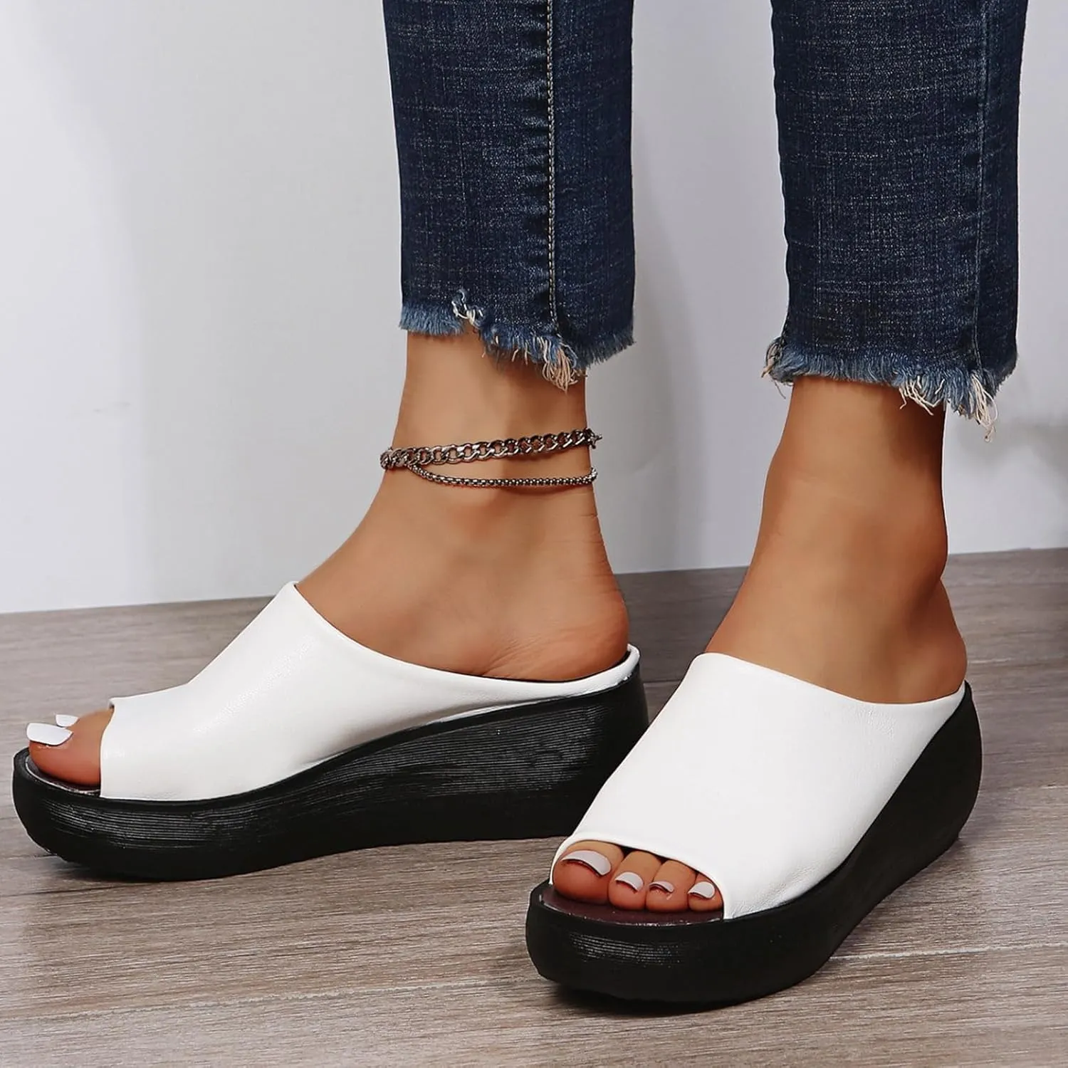 Orthopedic Sandals for Women 2024 Summer Comfortable Orthotic Leather Wedges Slides Dressy Platform Heel Arch Support Slip Sandals