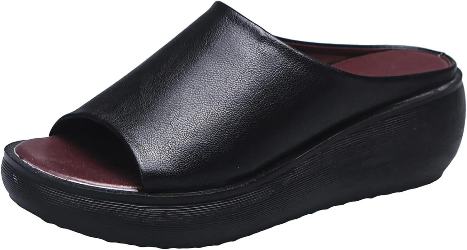 Orthopedic Sandals for Women 2024 Summer Comfortable Orthotic Leather Wedges Slides Dressy Platform Heel Arch Support Slip Sandals