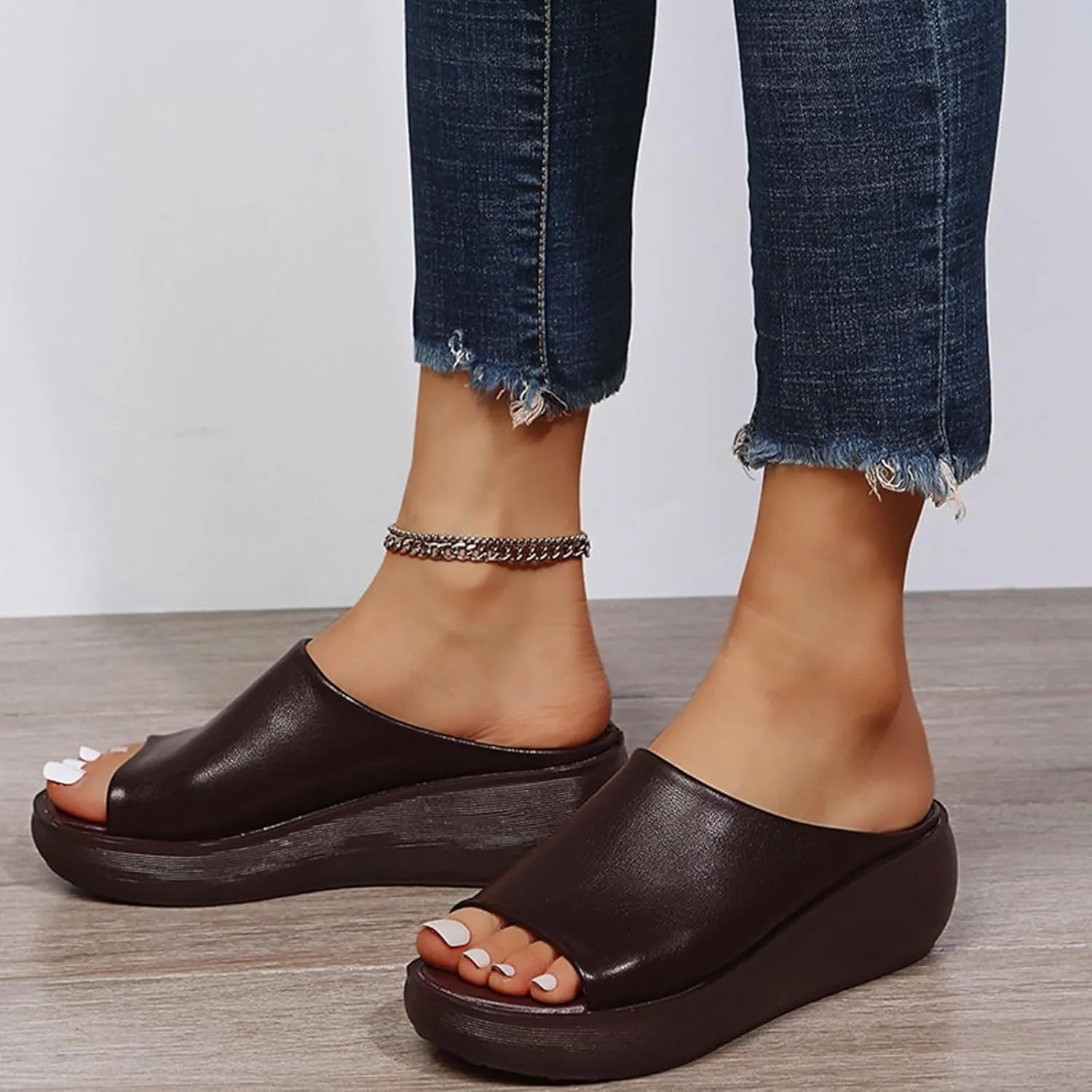 Orthopedic Sandals for Women 2024 Summer Comfortable Orthotic Leather Wedges Slides Dressy Platform Heel Arch Support Slip Sandals