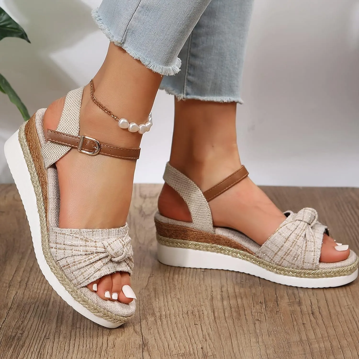 Orthopedic Sandals for Women,Women Walking Slippers with Arch Support Wedge Sandals Summer Dressy Open Toe Ankle Strap Platform Beach Casual Slip on Sandals Beach Dress Comfortable (Beige-8, 8.5)