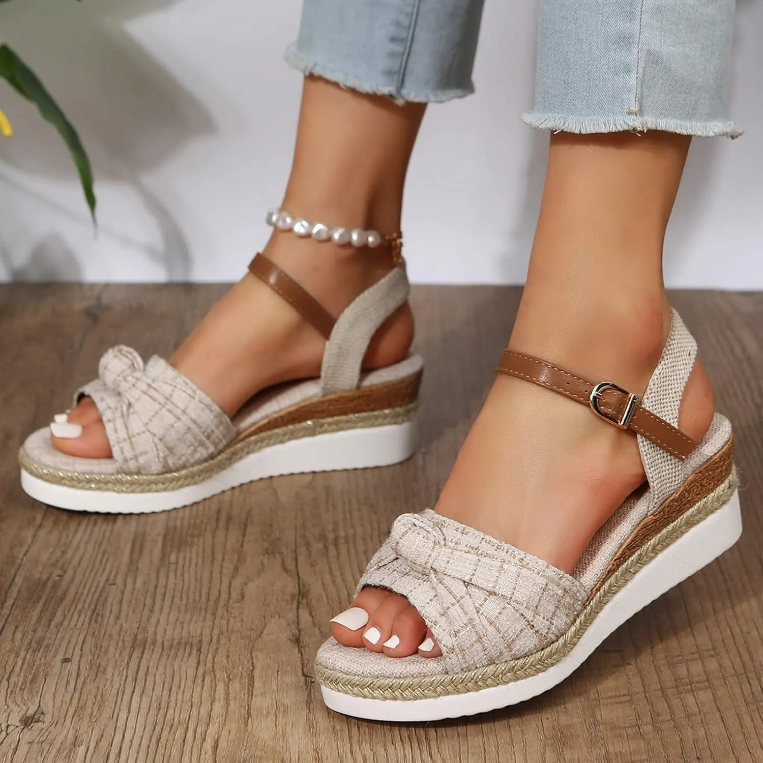 Orthopedic Sandals for Women,Women Walking Slippers with Arch Support Wedge Sandals Summer Dressy Open Toe Ankle Strap Platform Beach Casual Slip on Sandals Beach Dress Comfortable (Beige-8, 8.5)