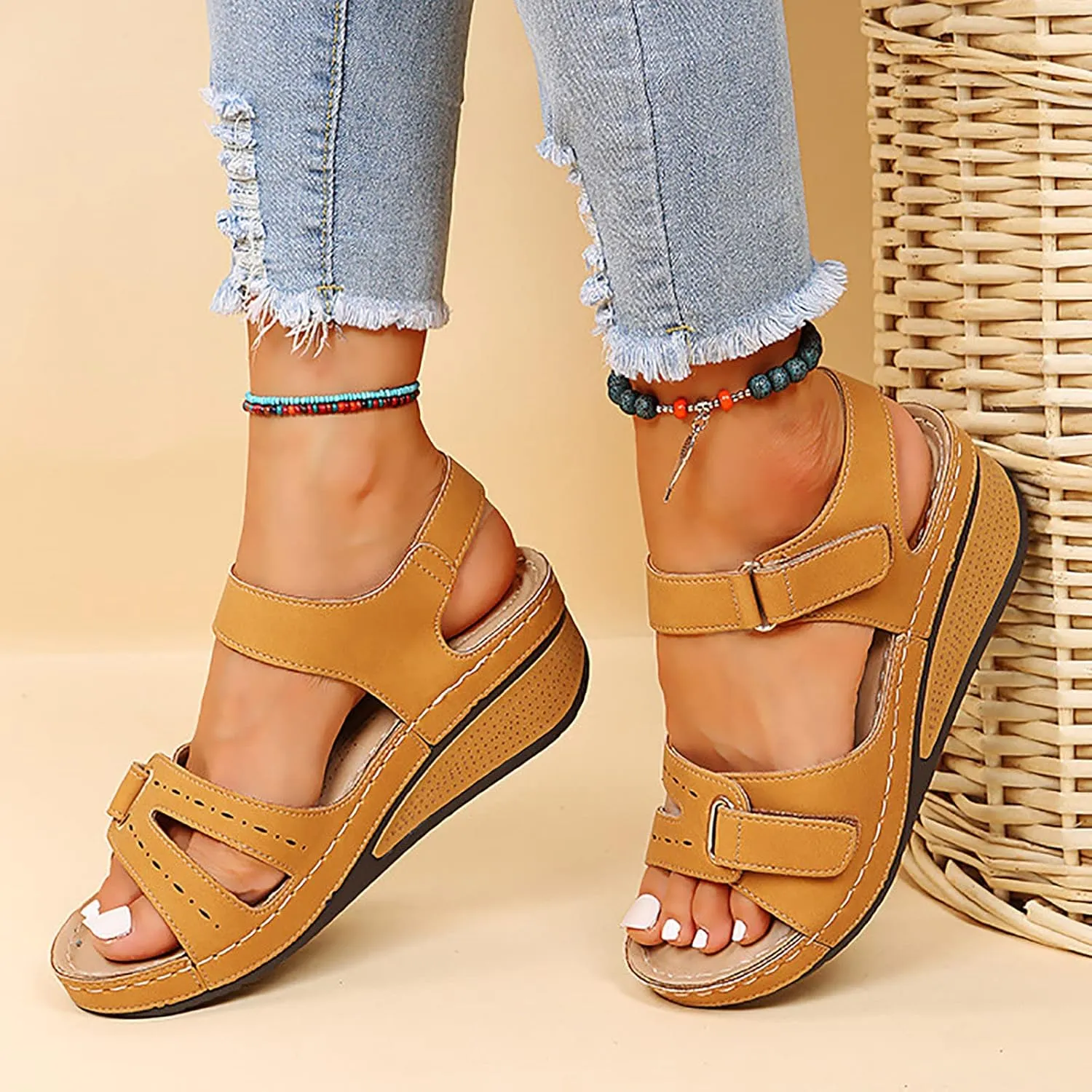 Orthopedic Wedge Sandals for Women 2025 Summer Dressy Open Toe Strap Platform Wedge Sandals Casual Strappy Slip on Sandals Summer Comfortable Outdoor Shoes Beach Boho Vacation