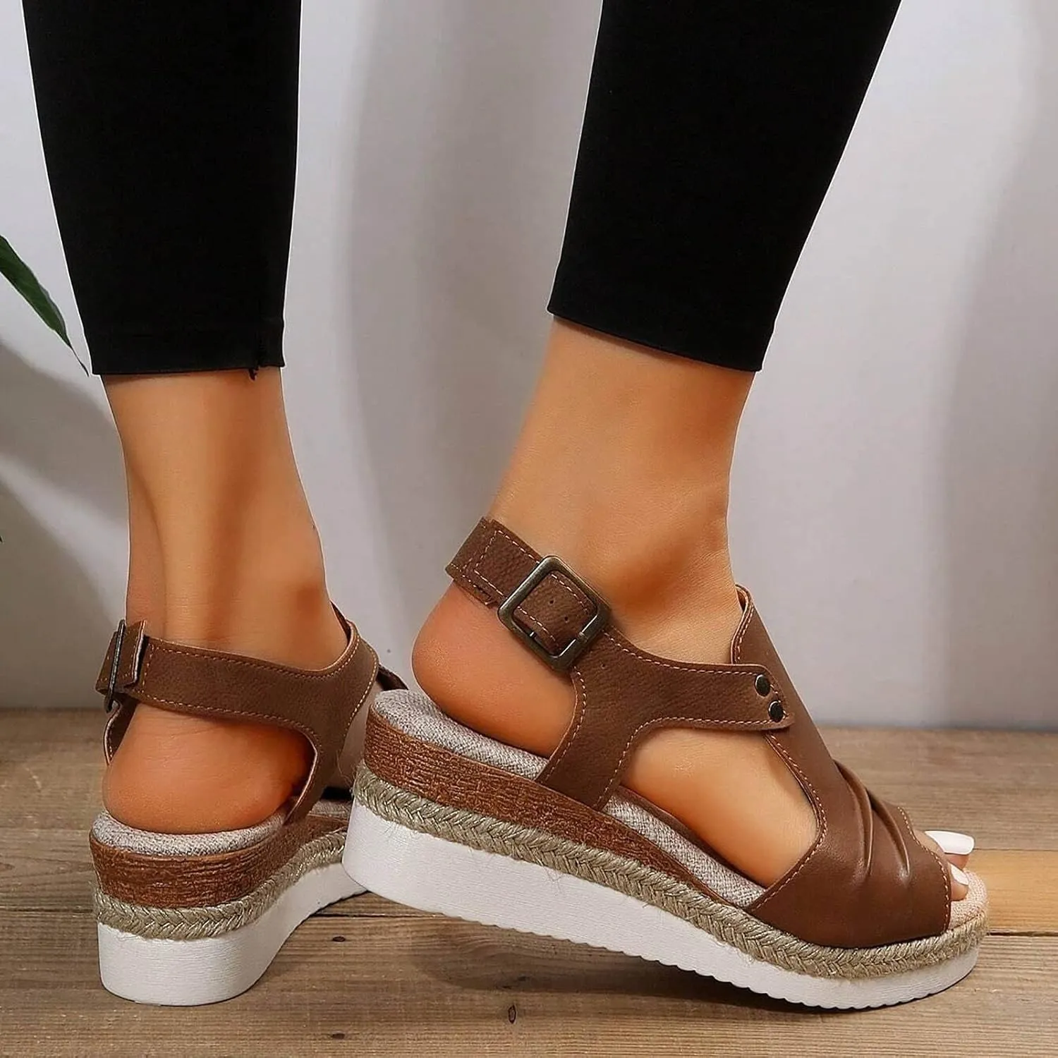 Orthopedic Wedge Sandals for Women Summer Dressy Open Toe Ankle Strap Platform Sandals Casual Strappy High Wedges Slip on Sandals Beach Sandals Dress Shoes Comfortable Outdoor Shoes (#A-Brown, 7)