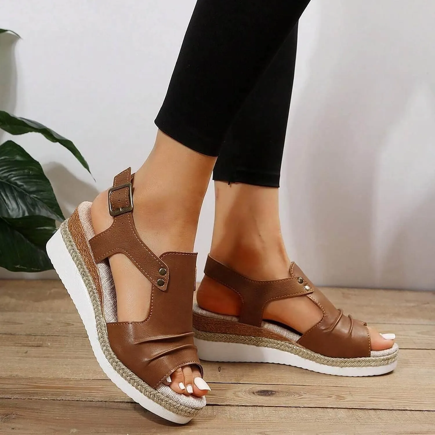 Orthopedic Wedge Sandals for Women Summer Dressy Open Toe Ankle Strap Platform Sandals Casual Strappy High Wedges Slip on Sandals Beach Sandals Dress Shoes Comfortable Outdoor Shoes (#A-Brown, 7)