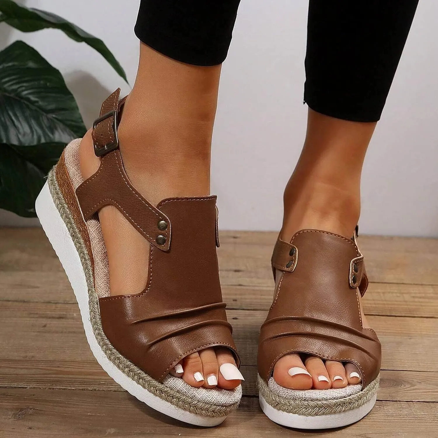 Orthopedic Wedge Sandals for Women Summer Dressy Open Toe Ankle Strap Platform Sandals Casual Strappy High Wedges Slip on Sandals Beach Sandals Dress Shoes Comfortable Outdoor Shoes (#A-Brown, 7)