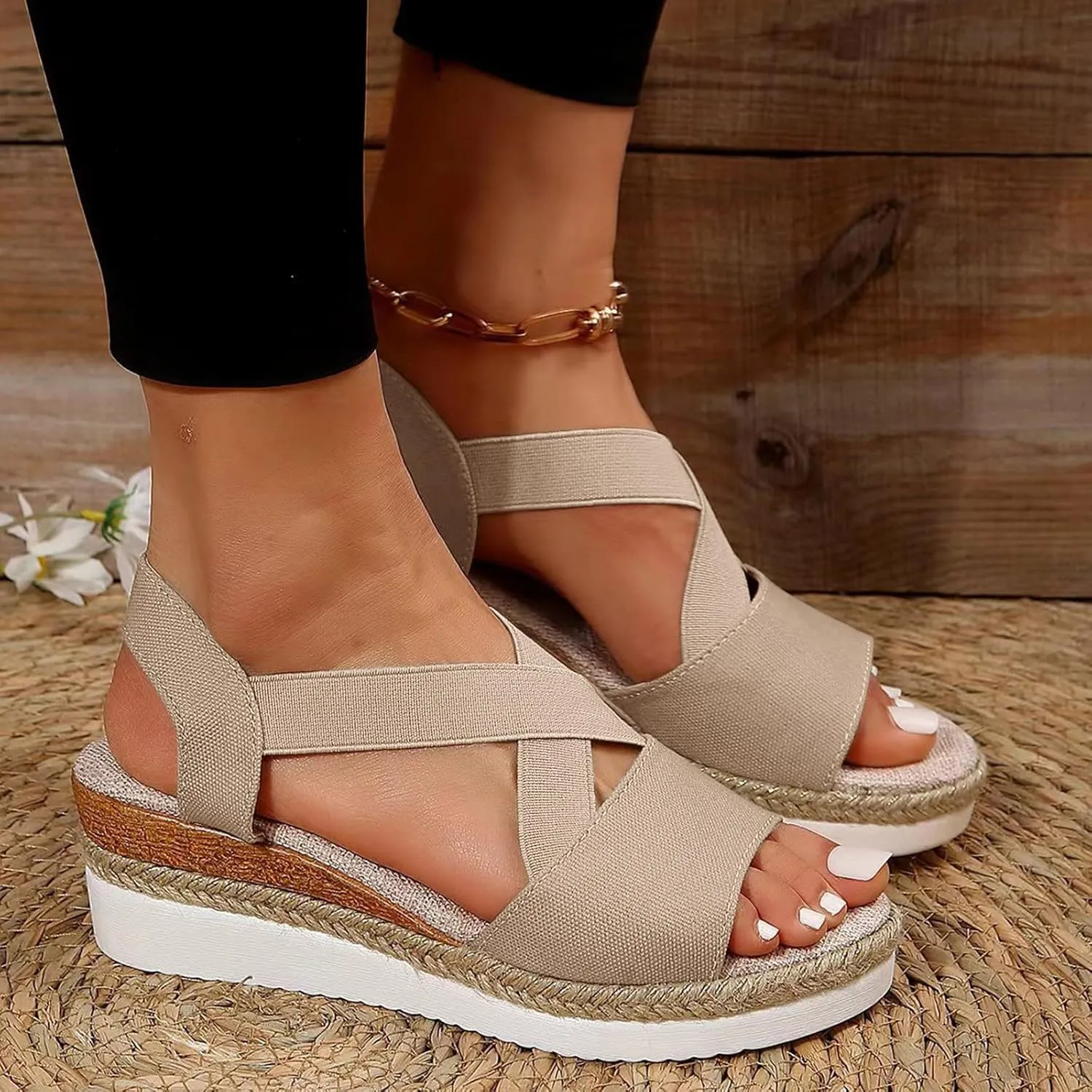 Orthopedic Wedge Sandals for Women Summer Dressy,Open Toe Strap Platform Ankle Sandals Casual Strappy Low Wedges Sandals Zipper Summer Beach Sandals Comfortable Outdoor Shoes (3-Khaki, 9)