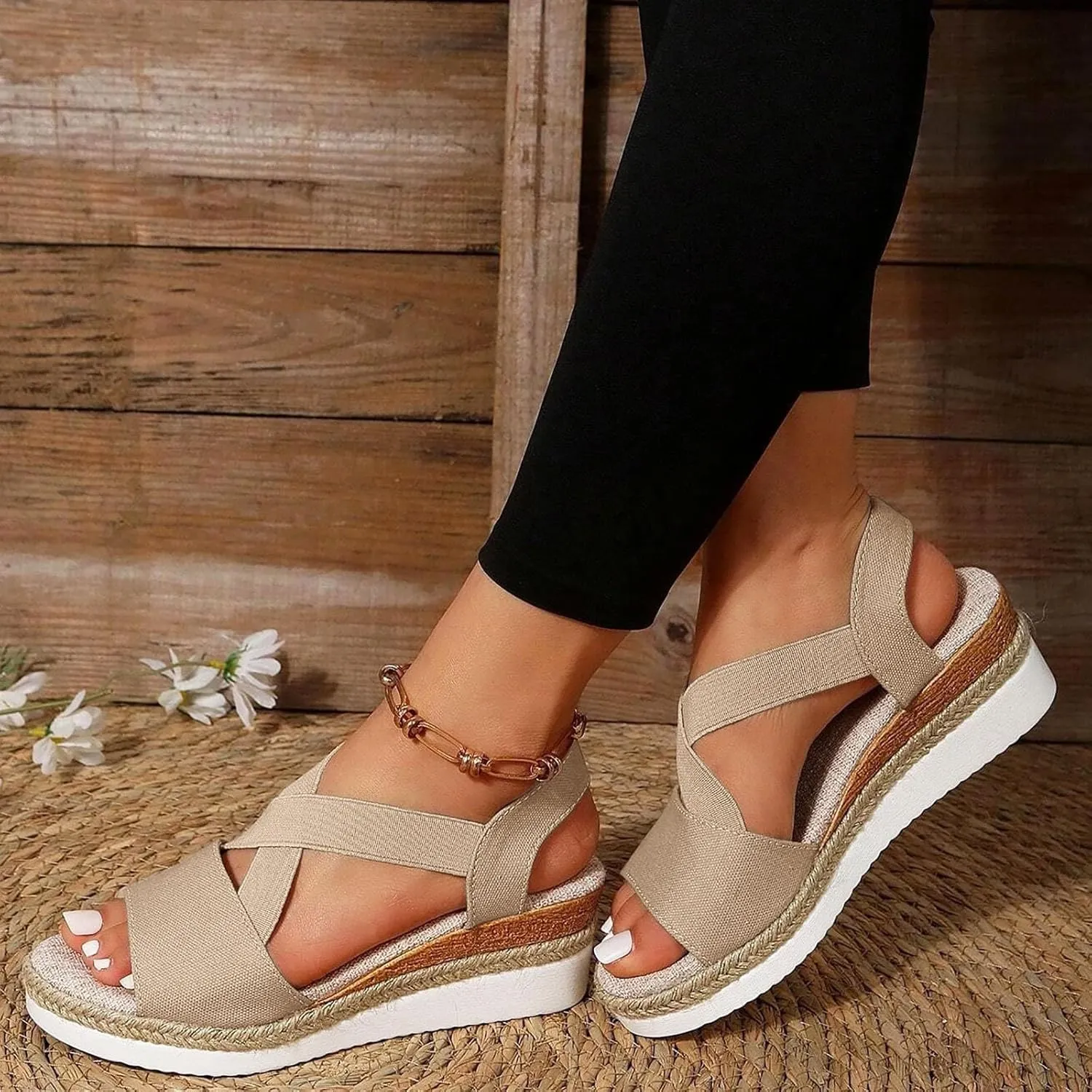 Orthopedic Wedge Sandals for Women Summer Dressy,Open Toe Strap Platform Ankle Sandals Casual Strappy Low Wedges Sandals Zipper Summer Beach Sandals Comfortable Outdoor Shoes (3-Khaki, 9)